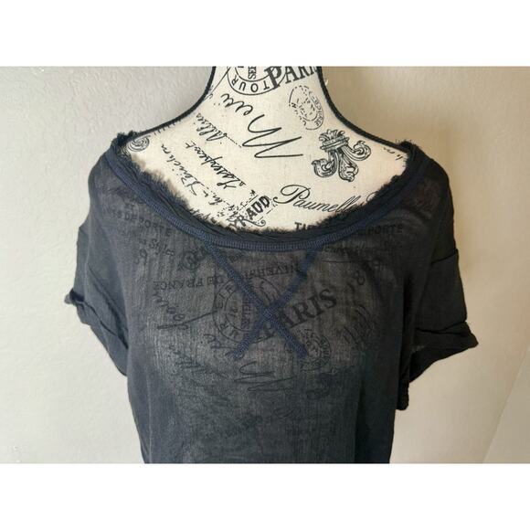 We The Free Women’s Short Sleeve Frayed Black Semi Sheer Shirt Top Oversized XS - Picture 6 of 13